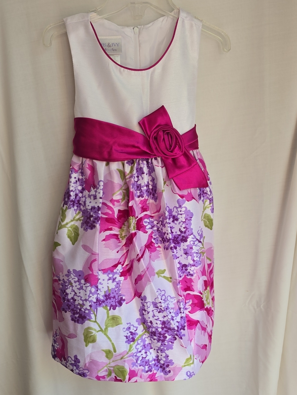 iris & ivy White Floral Dress with Fuchsia Sash